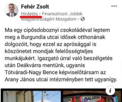 Csak a látszat számít: fizetett hirdetésben reklámozzák édesség osztásukat a váci Jobbikosok